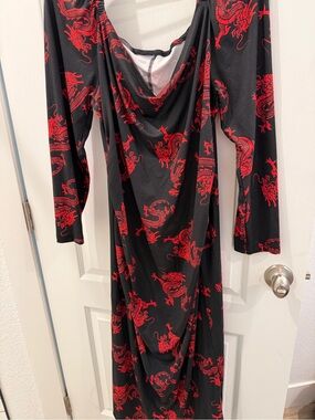 SHEIN Black Long Sleeve Dress with Red Dragon Print